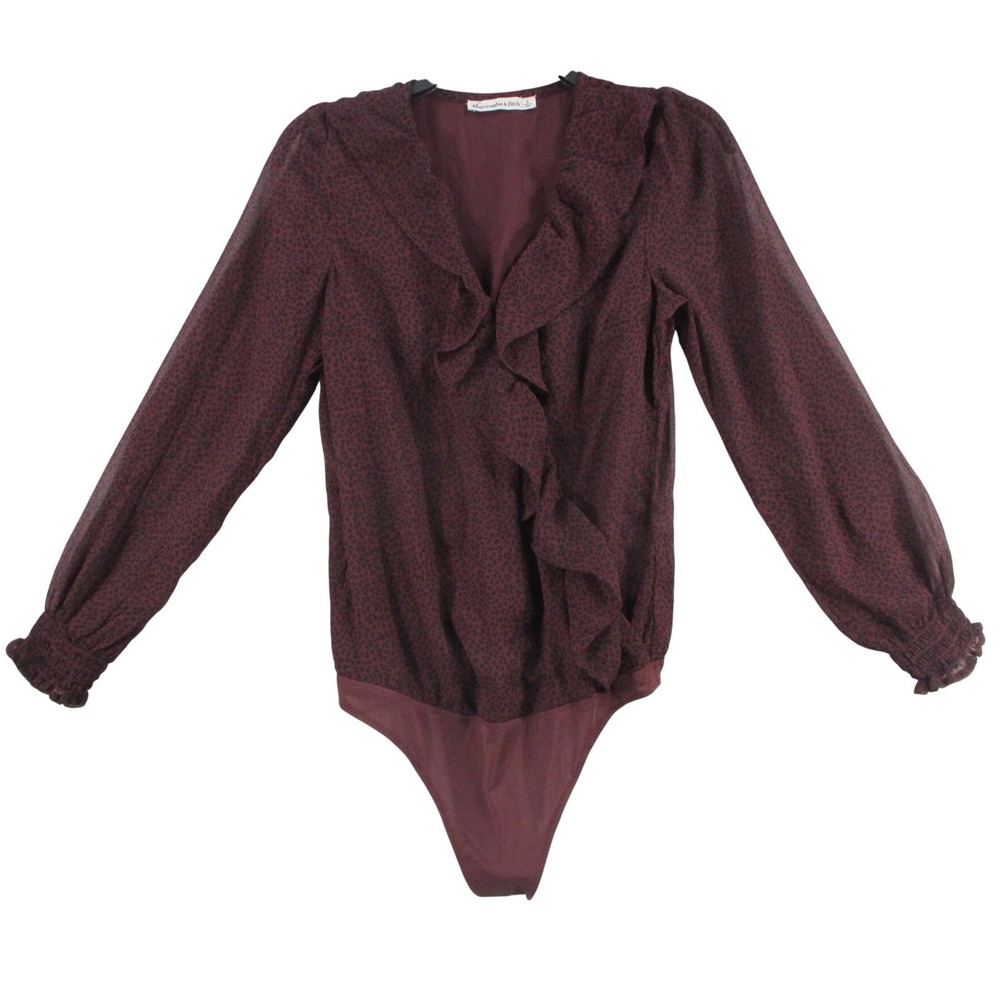 Abercrombie & Fitch Ruffle V-Neck Bodysuit Burgundy Leopard Print Small